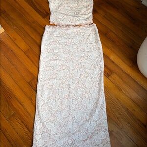 Superdown Strapless Lace Dress in White and Pink